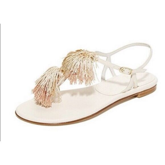 Stuart Weitzman Jabow Flat Tassel Pom Pom Sandals Nude Leather Womens Size 10 M - Picture 1 of 7
